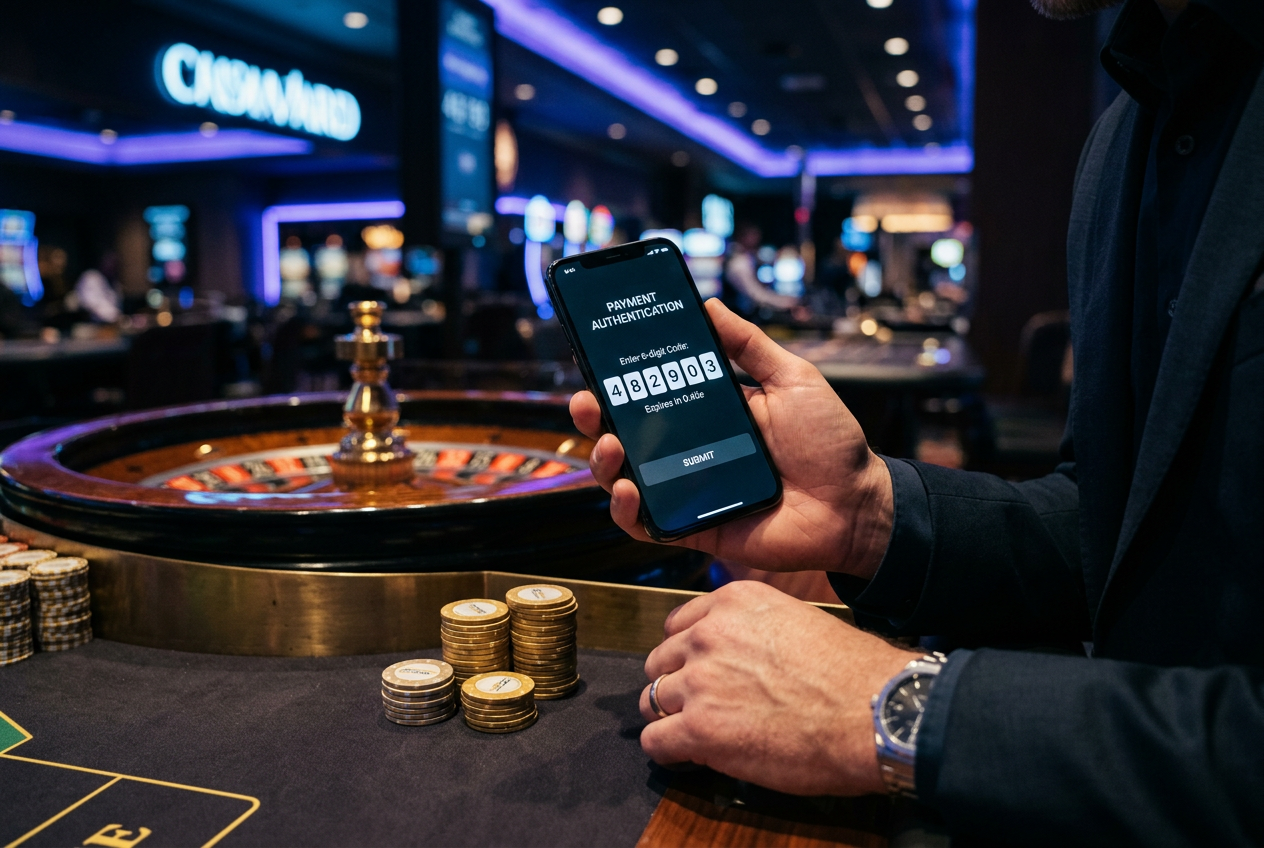 A close-up of a person's hand using a smartphone to authorize a BLIK payment for a casino deposit.