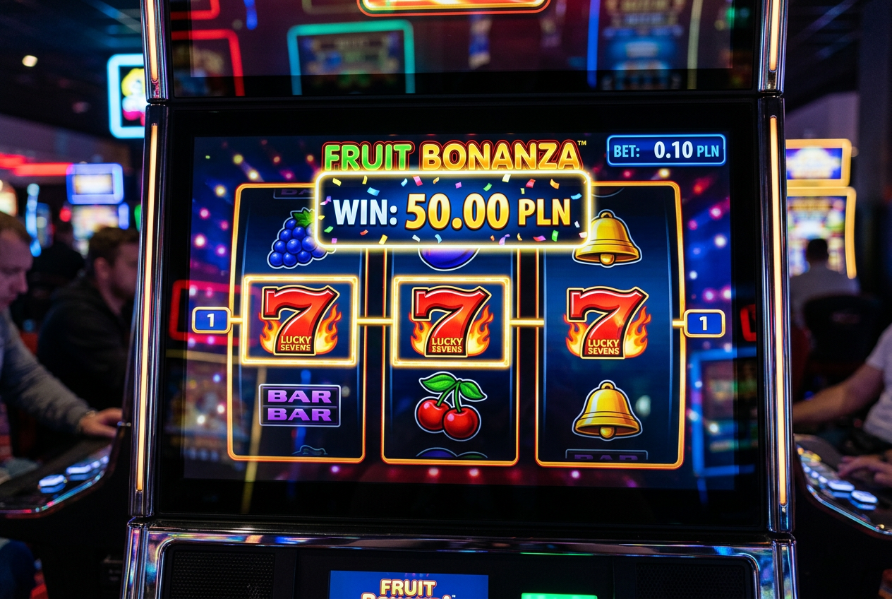 A digital slot machine screen showing a winning combination with a low stake indicator.