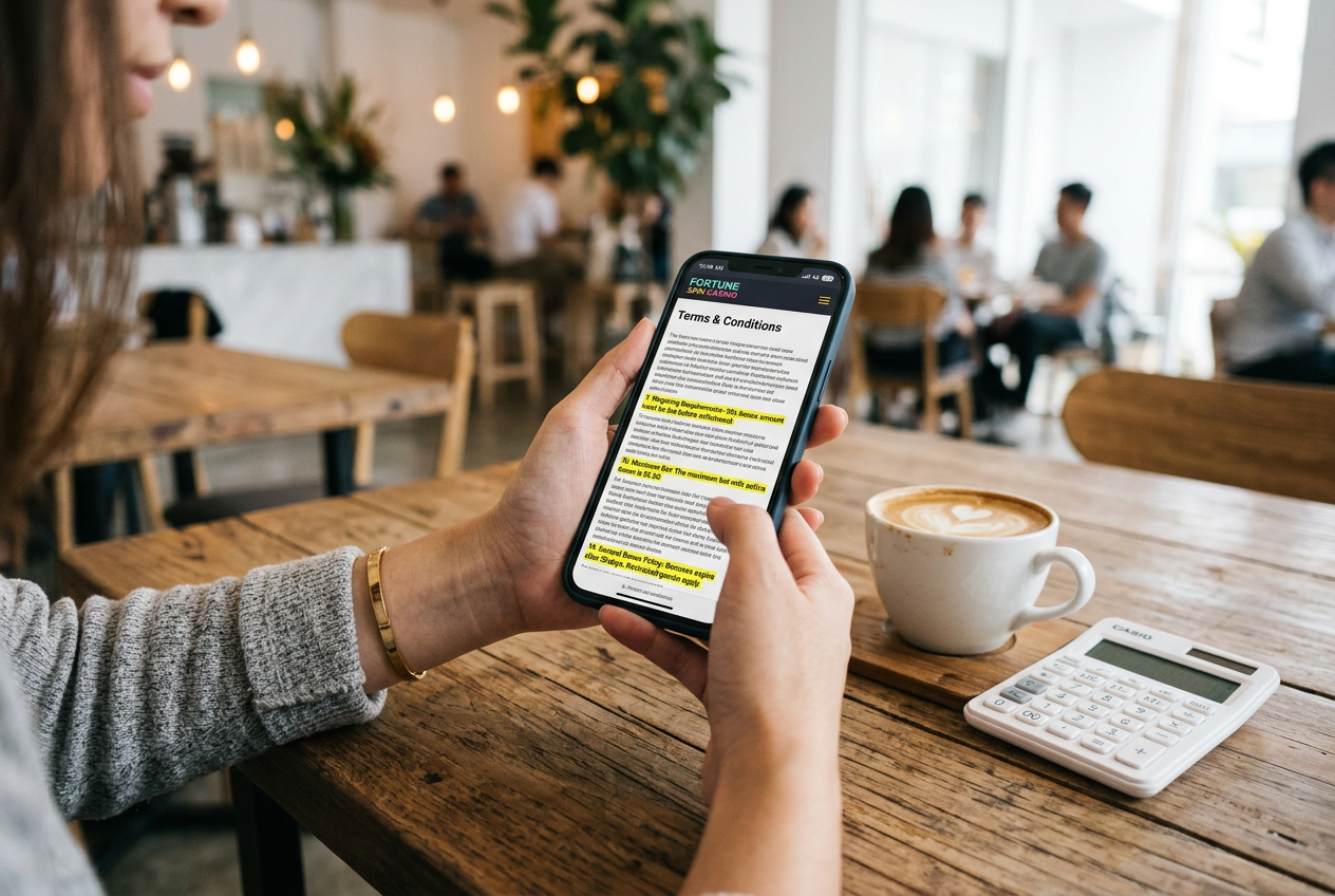 A person using a smartphone to check casino terms while holding a coffee.