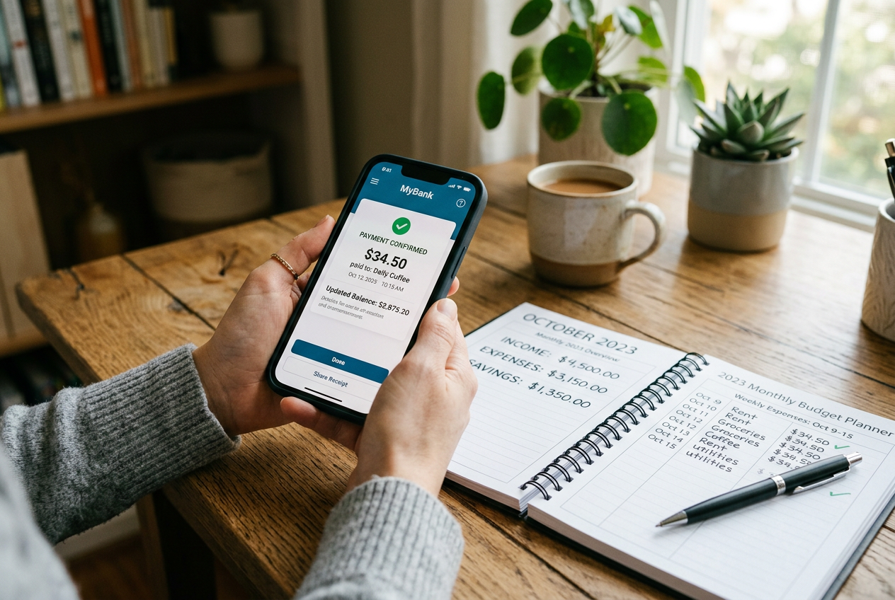A close-up of a person managing their budget on a smartphone next to a planner.