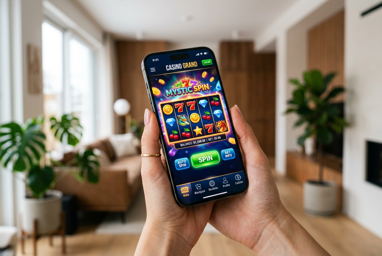 A high-end smartphone showing a colorful and user-friendly mobile casino app interface.