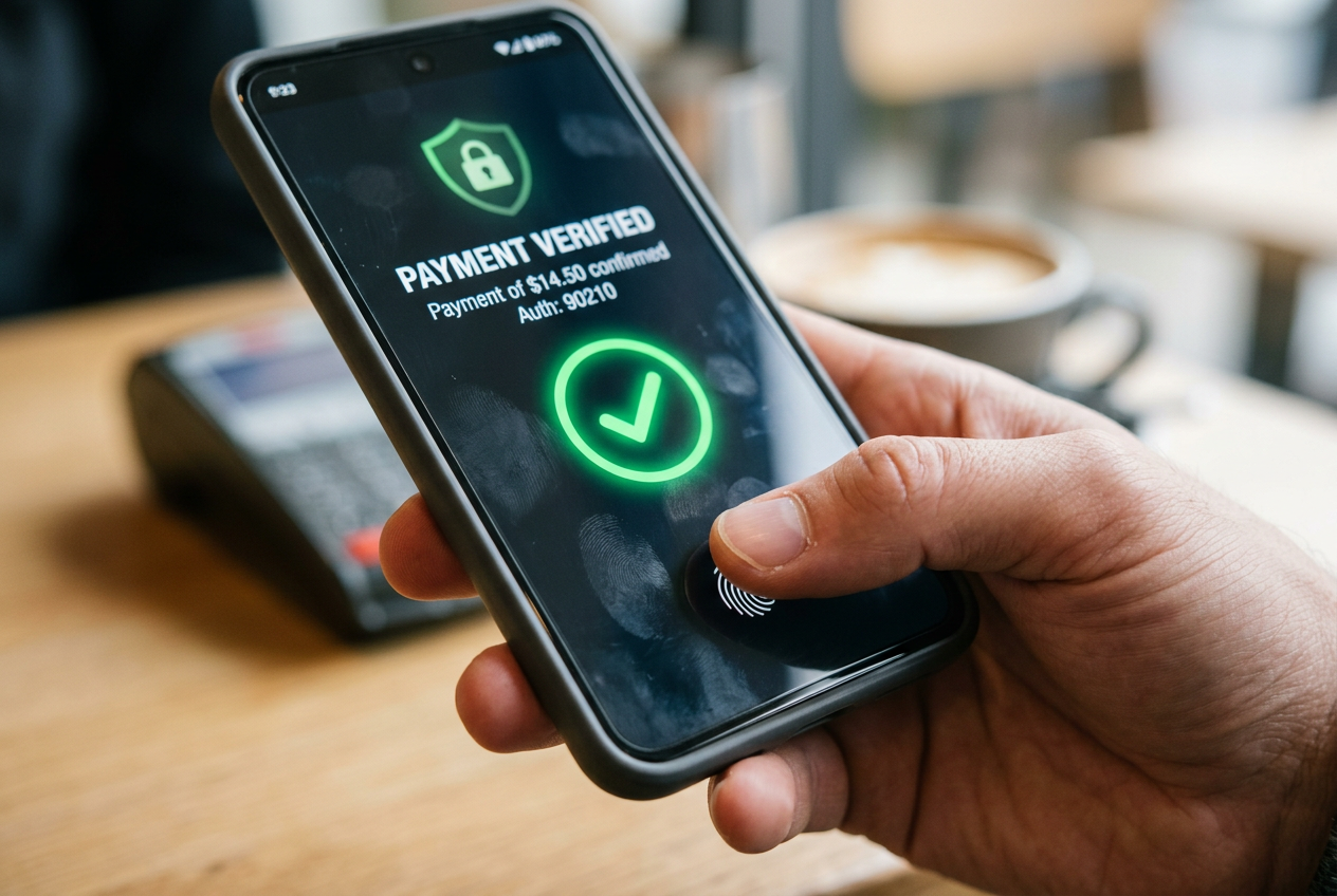 Close-up of a fingerprint scan on a smartphone for secure payment verification.