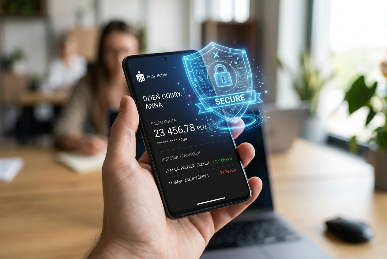 A secure digital shield over a smartphone displaying a Polish banking app.