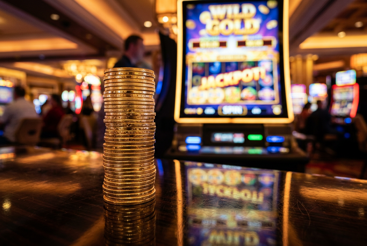 Shiny gold coins and a stylized casino bonus banner.