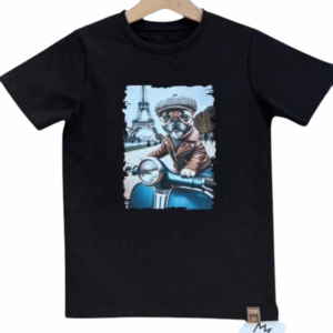 T-shirt MIMI „Buldog w paryżu” - Czarny z niebieskim, 140/146, MIMI