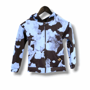 Bluza z kapturem rozpinana MIMI delikatnie ocieplana - Ciemny brąz w niebieskie kleksy, 104/110, MIMI